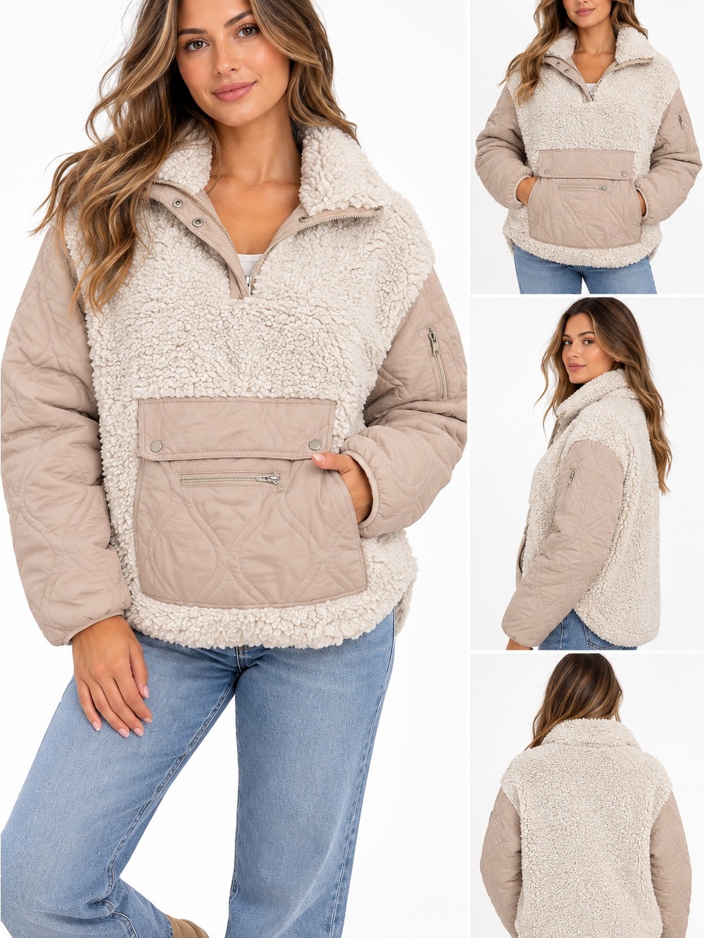 NWT BLANKNYC Sherpa Pullover Jacket Cream Beige Quilted Size S